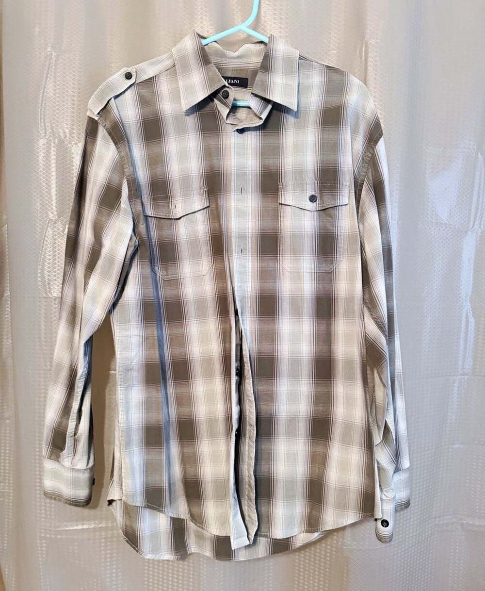 Alfani Men's L Regular Gray/White Plaid Long Sleeve Button-Up Shirt Pockets